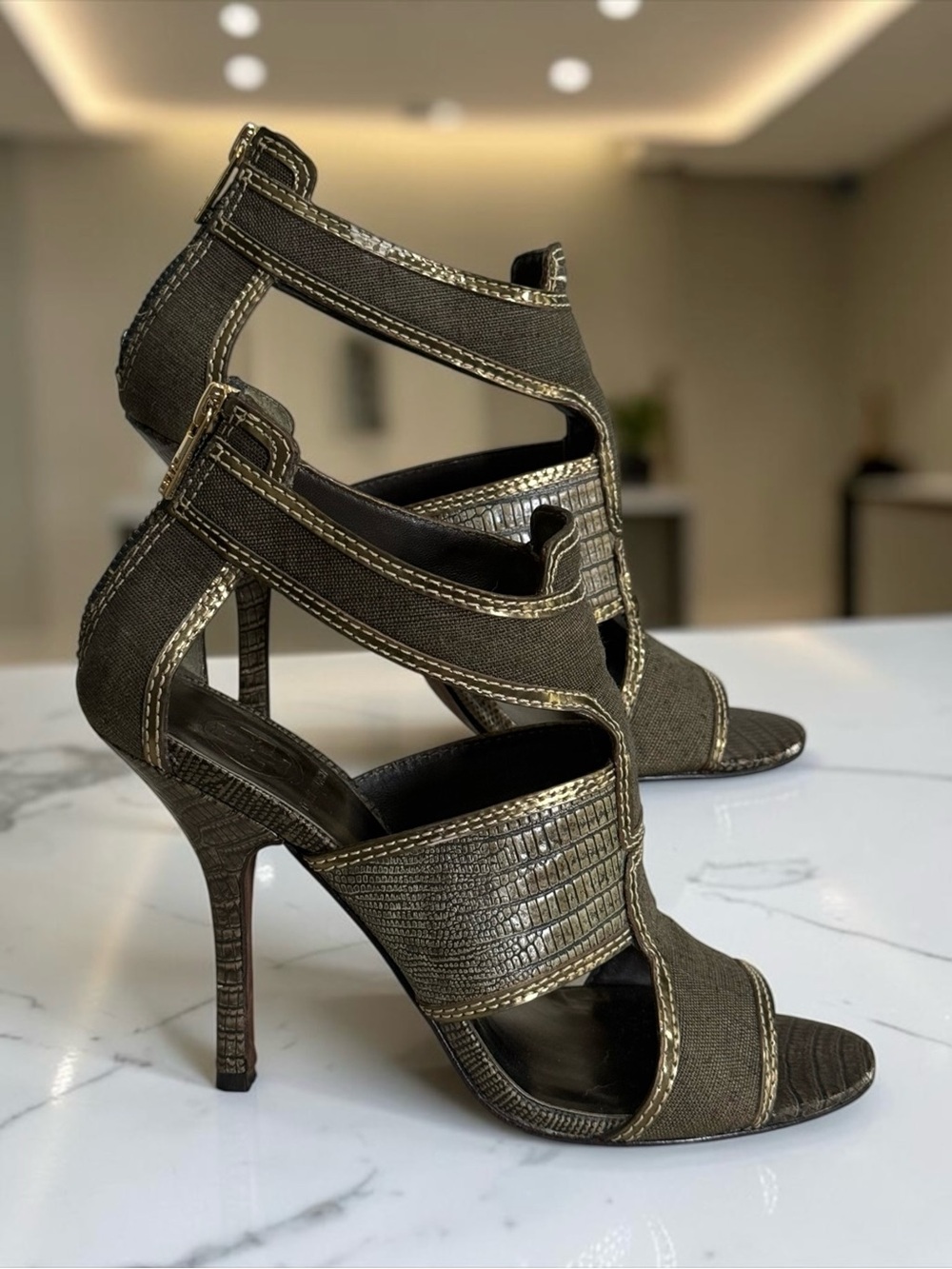 Tory Burch Geoff Caged High Heel Olive Gold Gladiator Sandals! Size 8